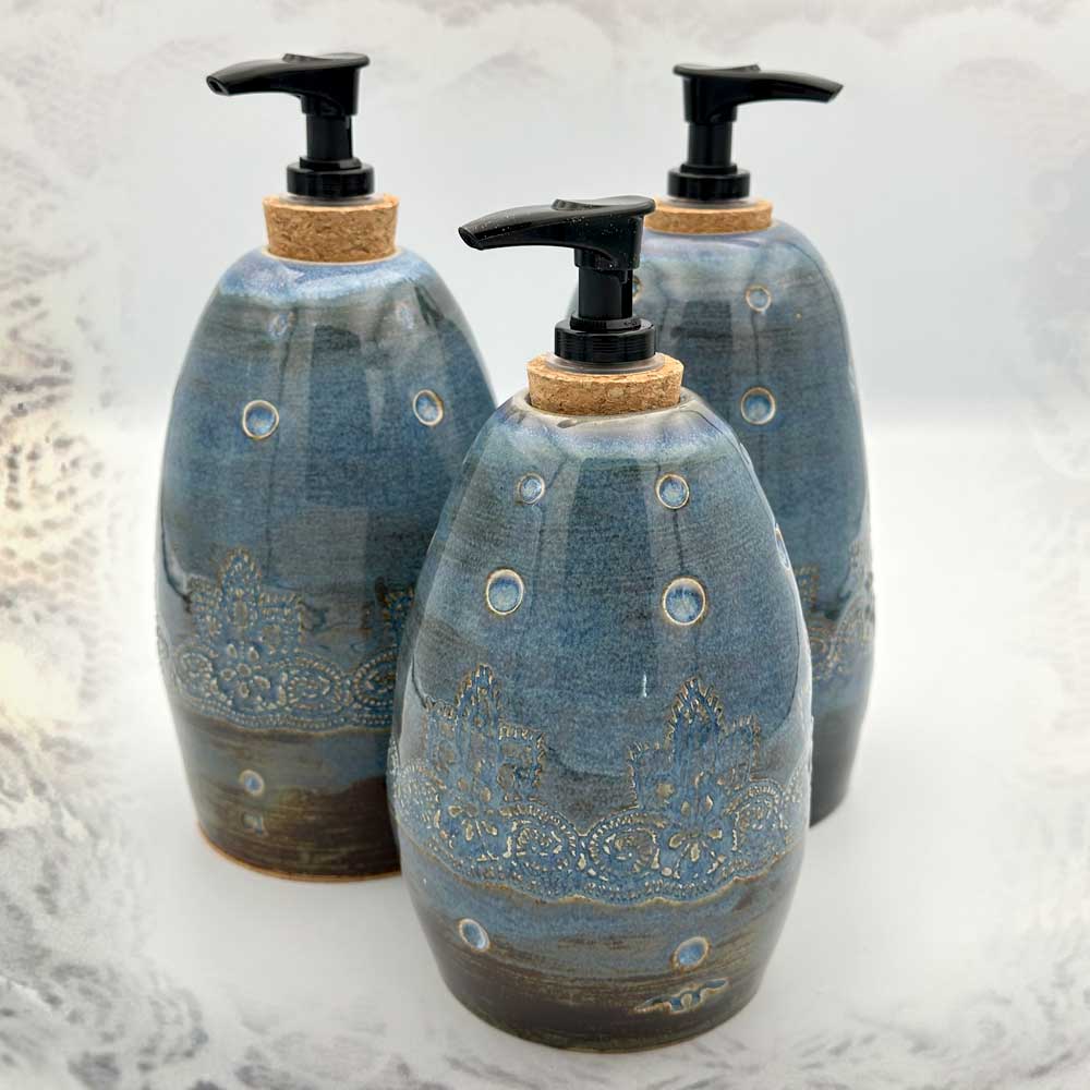 Three Patterned Soap Dispenser with Blue Glaze